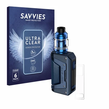 Vorderseite einer Produktverpackung mit dem Markenlogo Savvies. Daneben ist das Gerät GeekVape Aegis Legend 2 L200 mit dem zug