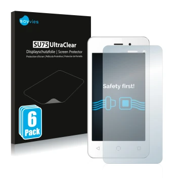 Vorderseite einer Produktverpackung mit dem Markenlogo Savvies. Daneben ist das Gerät NUU Mobile A1 mit dem zugehörigen Displa