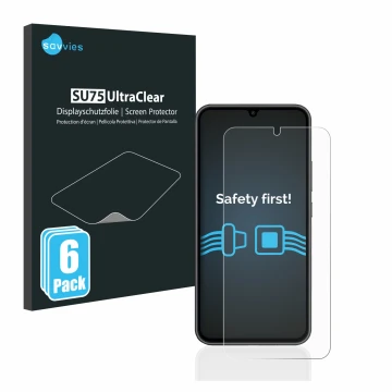 Vorderseite einer Produktverpackung mit dem Markenlogo Savvies. Daneben ist das Gerät Samsung Galaxy A34 5G mit dem zugehörige