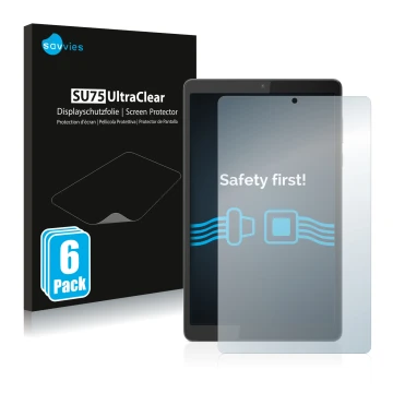Vorderseite einer Produktverpackung mit dem Markenlogo Savvies. Daneben ist das Gerät Lenovo Tab M8 (4. Gen.) mit dem zugehöri
