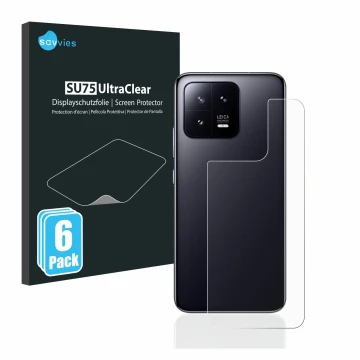 Vorderseite einer Produktverpackung mit dem Markenlogo Savvies. Daneben ist das Gerät Xiaomi 13 (Rückseite) mit dem zugehörige