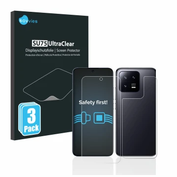 Vorderseite einer Produktverpackung mit dem Markenlogo Savvies. Daneben ist das Gerät Xiaomi 13 (Display+Rückseite) mit dem zu