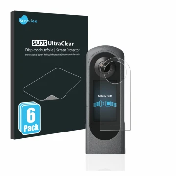 Vorderseite einer Produktverpackung mit dem Markenlogo Savvies. Daneben ist das Gerät Ricoh Theta X mit dem zugehörigen Displa