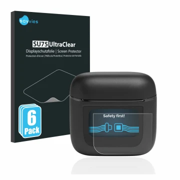 Vorderseite einer Produktverpackung mit dem Markenlogo Savvies. Daneben ist das Gerät JBL Tour Pro 2 mit dem zugehörigen Displ
