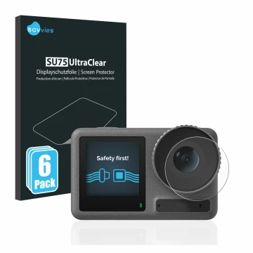 Vorderseite einer Produktverpackung mit dem Markenlogo Savvies. Daneben ist das Gerät DJI Osmo Action 3 (Linse) mit dem zugehö