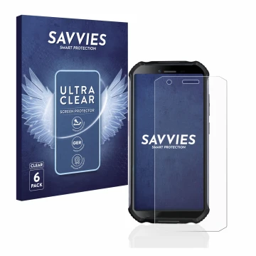 Vorderseite einer Produktverpackung mit dem Markenlogo Savvies. Daneben ist das Gerät Doogee S41 mit dem zugehörigen Displaysc