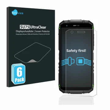 Vorderseite einer Produktverpackung mit dem Markenlogo Savvies. Daneben ist das Gerät Doogee S41 Pro mit dem zugehörigen Displ