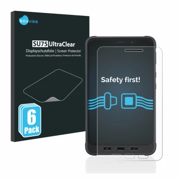 Vorderseite einer Produktverpackung mit dem Markenlogo Savvies. Daneben ist das Gerät Samsung Galaxy Tab Active 3 Enterprise E