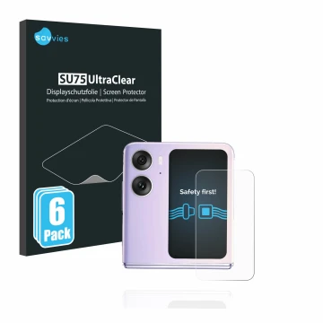 Vorderseite einer Produktverpackung mit dem Markenlogo Savvies. Daneben ist das Gerät Oppo Find N2 Flip (Hinteres Display) mit