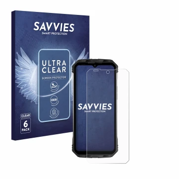 Vorderseite einer Produktverpackung mit dem Markenlogo Savvies. Daneben ist das Gerät Doogee S100 mit dem zugehörigen Displays