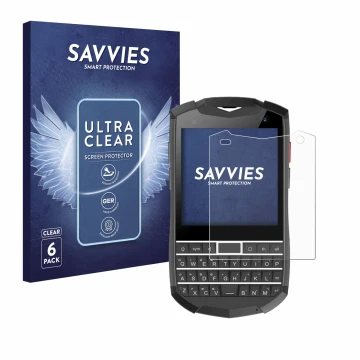 Vorderseite einer Produktverpackung mit dem Markenlogo Savvies. Daneben ist das Gerät Unihertz Titan Pocket mit dem zugehörige