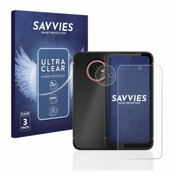 Vorderseite einer Produktverpackung mit dem Markenlogo Savvies. Daneben ist das Gerät Gigaset GX4 (Display+Kamera) mit dem zug