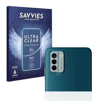 Vorderseite einer Produktverpackung mit dem Markenlogo Savvies. Daneben ist das Gerät Nokia G22 (NUR Kameraschutz) mit dem zug