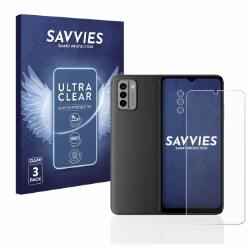 Vorderseite einer Produktverpackung mit dem Markenlogo Savvies. Daneben ist das Gerät Nokia G22 (Display+Kamera) mit dem zugeh