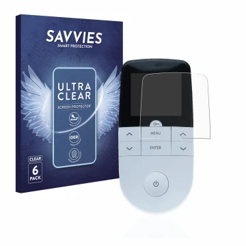 Vorderseite einer Produktverpackung mit dem Markenlogo Savvies. Daneben ist das Gerät Beurer EM 49 Digital TENS/EMS mit dem zu