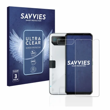 Vorderseite einer Produktverpackung mit dem Markenlogo Savvies. Daneben ist das Gerät ASUS ROG Phone 7 (Display+Kamera) mit de