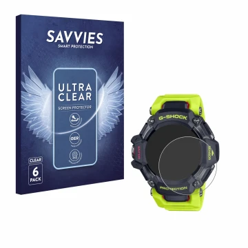 Vorderseite einer Produktverpackung mit dem Markenlogo Savvies. Daneben ist das Gerät Casio G-Shock GBD-H2000 mit dem zugehöri
