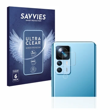 Vorderseite einer Produktverpackung mit dem Markenlogo Savvies. Daneben ist das Gerät Xiaomi 12T (NUR Kameraschutz) mit dem zu