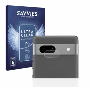 Vorderseite einer Produktverpackung mit dem Markenlogo Savvies. Daneben ist das Gerät Google Pixel 7a (NUR Kameraschutz) mit d