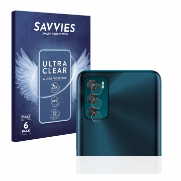 Vorderseite einer Produktverpackung mit dem Markenlogo Savvies. Daneben ist das Gerät Motorola Moto G42 (NUR Kameraschutz) mit