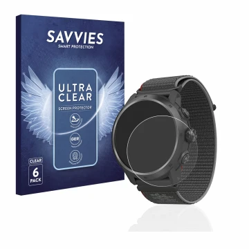 Vorderseite einer Produktverpackung mit dem Markenlogo Savvies. Daneben ist das Gerät Coros Apex 2 Pro mit dem zugehörigen Dis