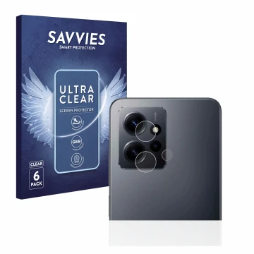 Vorderseite einer Produktverpackung mit dem Markenlogo Savvies. Daneben ist das Gerät Xiaomi Redmi Note 12 4G (NUR Kameraschut