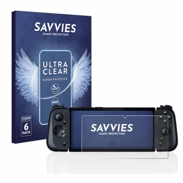 Vorderseite einer Produktverpackung mit dem Markenlogo Savvies. Daneben ist das Gerät Razer Edge 5G mit dem zugehörigen Displa