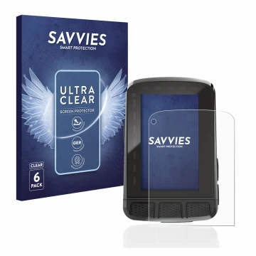 Vorderseite einer Produktverpackung mit dem Markenlogo Savvies. Daneben ist das Gerät Wahoo Elemnt Roam 2 mit dem zugehörigen 