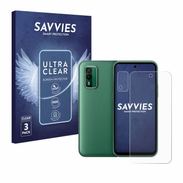 Vorderseite einer Produktverpackung mit dem Markenlogo Savvies. Daneben ist das Gerät Nokia XR21 (Display+Kamera) mit dem zuge