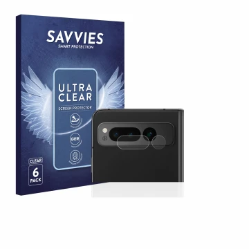 Vorderseite einer Produktverpackung mit dem Markenlogo Savvies. Daneben ist das Gerät Google Pixel Fold (NUR Kameraschutz) mit