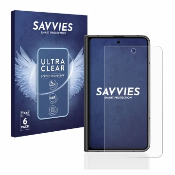 Vorderseite einer Produktverpackung mit dem Markenlogo Savvies. Daneben ist das Gerät Google Pixel Fold (Äußeres Display) mit 