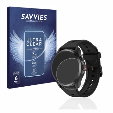Vorderseite einer Produktverpackung mit dem Markenlogo Savvies. Daneben ist das Gerät Mobvoi TicWatch Pro 5 mit dem zugehörige