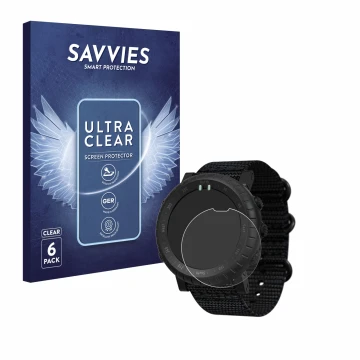 Vorderseite einer Produktverpackung mit dem Markenlogo Savvies. Daneben ist das Gerät Suunto Core Alpha mit dem zugehörigen Di
