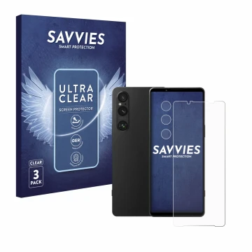 Vorderseite einer Produktverpackung mit dem Markenlogo Savvies. Daneben ist das Gerät Sony Xperia 1 V (Display+Kamera) mit dem