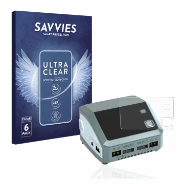 Vorderseite einer Produktverpackung mit dem Markenlogo Savvies. Daneben ist das Gerät SkyRc D200 neo mit dem zugehörigen Displ
