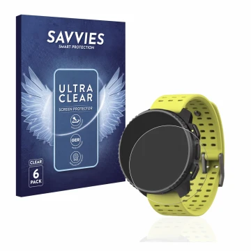 Vorderseite einer Produktverpackung mit dem Markenlogo Savvies. Daneben ist das Gerät Suunto Vertical mit dem zugehörigen Disp
