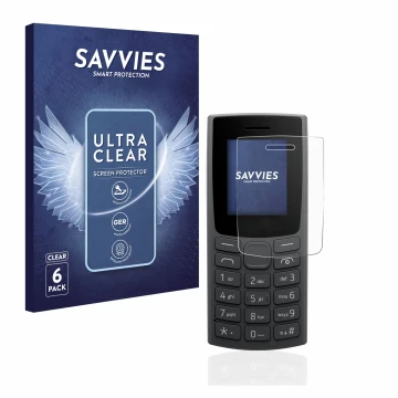 Vorderseite einer Produktverpackung mit dem Markenlogo Savvies. Daneben ist das Gerät Nokia 110 (2023) mit dem zugehörigen Dis