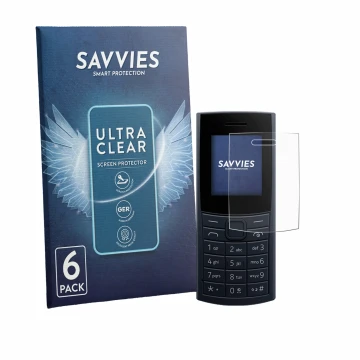 Vorderseite einer Produktverpackung mit dem Markenlogo Savvies. Daneben ist das Gerät Nokia 110 4G (2023) mit dem zugehörigen 
