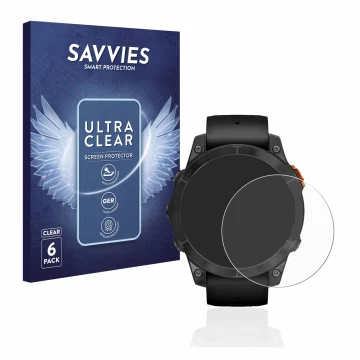 Vorderseite einer Produktverpackung mit dem Markenlogo Savvies. Daneben ist das Gerät Garmin Fenix 7 Pro Solar (47 mm) mit dem