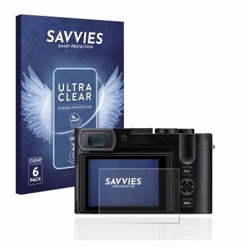 Vorderseite einer Produktverpackung mit dem Markenlogo Savvies. Daneben ist das Gerät Leica Q3 mit dem zugehörigen Displayschu