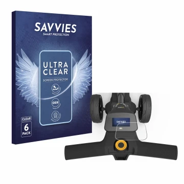 Vorderseite einer Produktverpackung mit dem Markenlogo Savvies. Daneben ist das Gerät PowaKaddy FX3 mit dem zugehörigen Displa