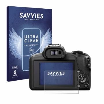 Vorderseite einer Produktverpackung mit dem Markenlogo Savvies. Daneben ist das Gerät Canon EOS R100 mit dem zugehörigen Displ