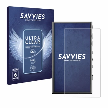 Vorderseite einer Produktverpackung mit dem Markenlogo Savvies. Daneben ist das Gerät Sony Walkman NW-A306 mit dem zugehörigen