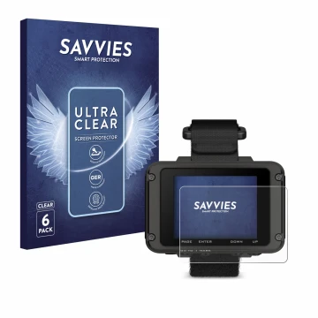 Vorderseite einer Produktverpackung mit dem Markenlogo Savvies. Daneben ist das Gerät Garmin Foretrex 801 mit dem zugehörigen 