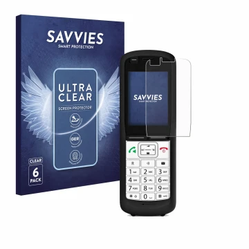 Vorderseite einer Produktverpackung mit dem Markenlogo Savvies. Daneben ist das Gerät Unify OpenScape DECT Phone R6 mit dem zu