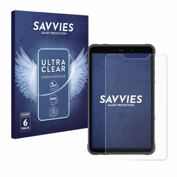 Vorderseite einer Produktverpackung mit dem Markenlogo Savvies. Daneben ist das Gerät Ulefone Armor Pad 8 mit dem zugehörigen 