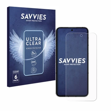 Vorderseite einer Produktverpackung mit dem Markenlogo Savvies. Daneben ist das Gerät Nothing Phone (2) mit dem zugehörigen Di