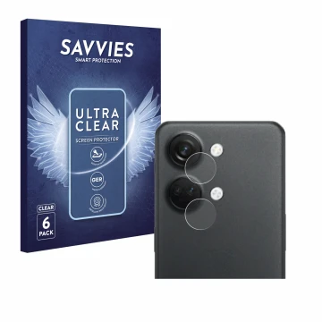 Vorderseite einer Produktverpackung mit dem Markenlogo Savvies. Daneben ist das Gerät OnePlus Nord 3 5G (NUR Kameraschutz) mit