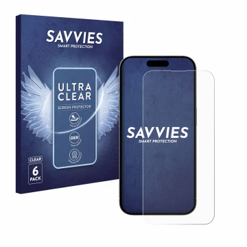Vorderseite einer Produktverpackung mit dem Markenlogo Savvies. Daneben ist das Gerät Apple iPhone 15 Plus mit dem zugehörigen