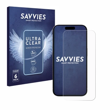 Vorderseite einer Produktverpackung mit dem Markenlogo Savvies. Daneben ist das Gerät Apple iPhone 15 Pro mit dem zugehörigen 
